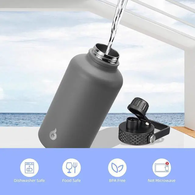 Alt view image 5 of 7 - BJPKPK Half Gallon Insulated Water Bottles with Straw Lid, 64oz Large Water Jug, Stainless Steel Bottles with 3 Lids and Paracord Handle, Thermos for Hot & Cold Liquid, Gray