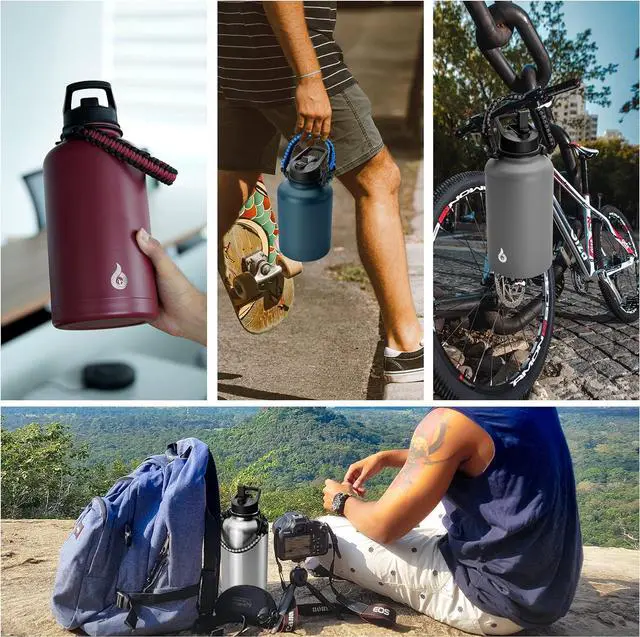 Alt view image 6 of 7 - BJPKPK Half Gallon Insulated Water Bottles with Straw Lid, 64oz Large Water Jug, Stainless Steel Bottles with 3 Lids and Paracord Handle, Thermos for Hot & Cold Liquid, Gray