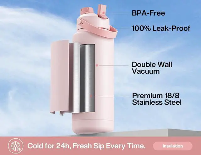 Alt view image 4 of 7 - 40 oz Insulated Water Bottle with 2-in-1 Straw and Spout Lid, Keep Cold 24H, Leak-Proof, BPA-Free, Double Wall Stainless Steel Water Bottle for Sports, Gym, Travel, and School (Cotton Candy)