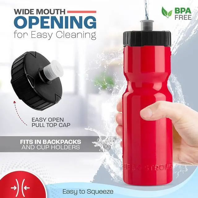Alt view image 2 of 7 - 50 Strong Bulk Water Bottles | 24 Pack Sports Bottle | 22 oz. BPA-Free Easy Open with Pull Top Cap | Made in USA | Reusable Plastic Water Bottles for Adults & Kids | Top Rack Dishwasher Safe