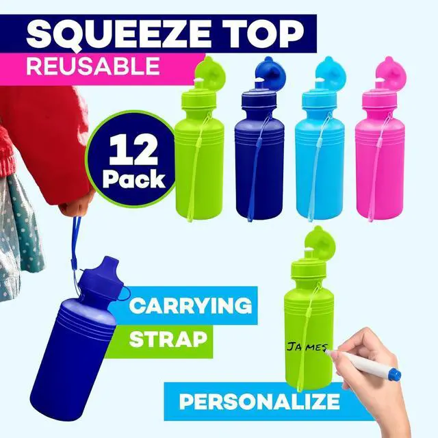 Alt view image 2 of 7 - 4E's Novelty Bulk Water Sports Bottles for Kids 18 oz - 12 Pack Squeeze Reusable Plastic, Neon Colors, BPA Free, Kids Water Bottles Party Favor Gift Giveaways