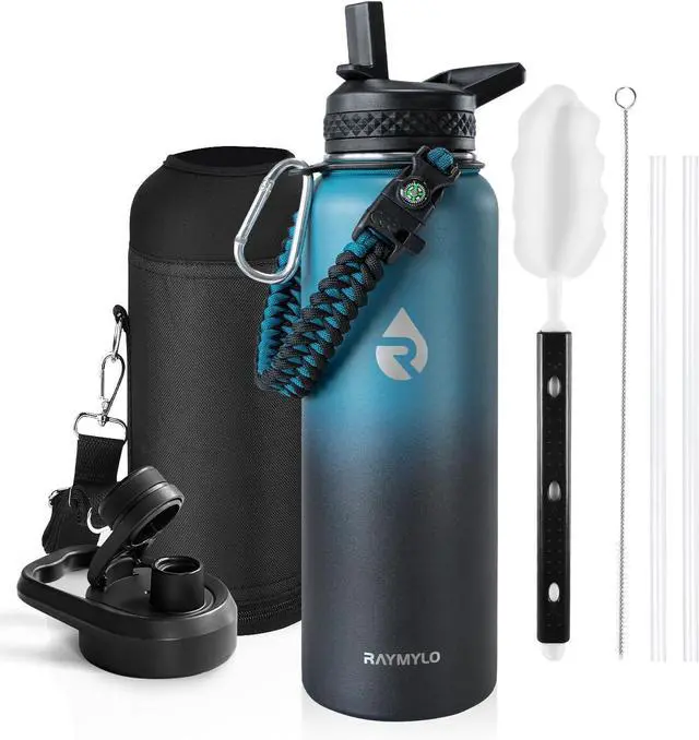 Main image of Insulated Water Bottle 40 oz, Triple Wall Vacuum Stainless Steel (Cold for 48 Hrs), Leak Proof & Non-BPA, Modern Water Flask Jug with Paracord Handle & Straw Spout Lids, Indigo/Black