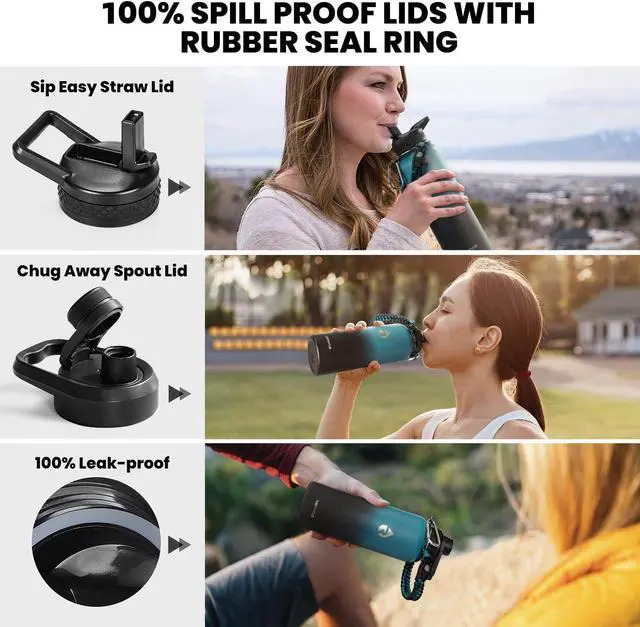 Alt view image 3 of 6 - Insulated Water Bottle 40 oz, Triple Wall Vacuum Stainless Steel (Cold for 48 Hrs), Leak Proof & Non-BPA, Modern Water Flask Jug with Paracord Handle & Straw Spout Lids, Indigo/Black