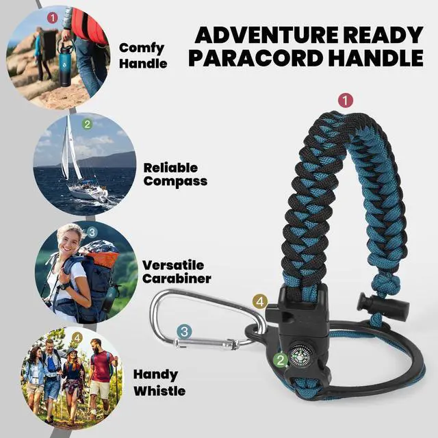 Alt view image 4 of 6 - Insulated Water Bottle 40 oz, Triple Wall Vacuum Stainless Steel (Cold for 48 Hrs), Leak Proof & Non-BPA, Modern Water Flask Jug with Paracord Handle & Straw Spout Lids, Indigo/Black