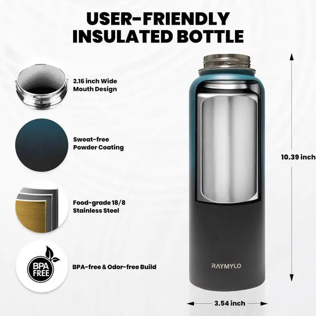 Alt view image 5 of 6 - Insulated Water Bottle 40 oz, Triple Wall Vacuum Stainless Steel (Cold for 48 Hrs), Leak Proof & Non-BPA, Modern Water Flask Jug with Paracord Handle & Straw Spout Lids, Indigo/Black