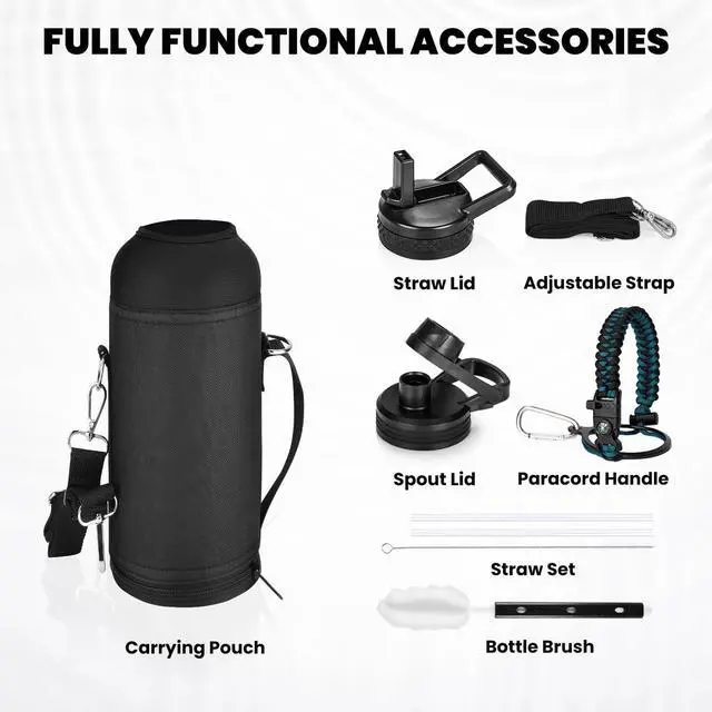 Alt view image 6 of 6 - Insulated Water Bottle 40 oz, Triple Wall Vacuum Stainless Steel (Cold for 48 Hrs), Leak Proof & Non-BPA, Modern Water Flask Jug with Paracord Handle & Straw Spout Lids, Indigo/Black