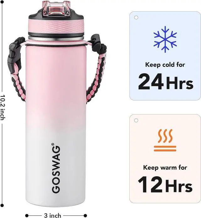 Alt view image 2 of 6 - GOSWAG Insulated Sports Water Bottle, 24oz 2 Lids(with Straw/No Straw), Stainless Steel Water Bottles with Paracord Handle, Insulated Bottle with Double-Wall Vacuum Insulation