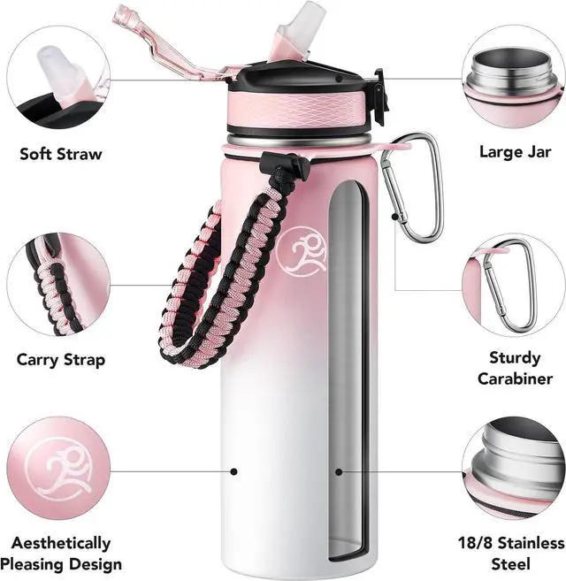 Alt view image 3 of 6 - GOSWAG Insulated Sports Water Bottle, 24oz 2 Lids(with Straw/No Straw), Stainless Steel Water Bottles with Paracord Handle, Insulated Bottle with Double-Wall Vacuum Insulation