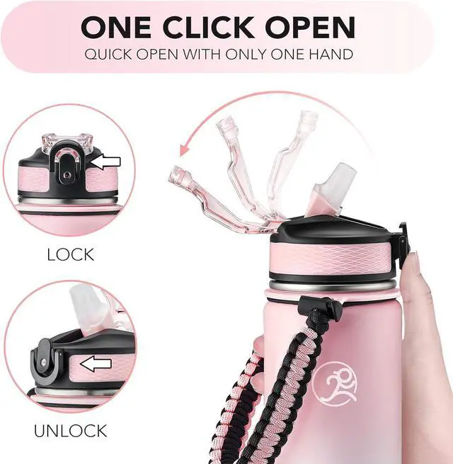 Alt view image 5 of 6 - GOSWAG Insulated Sports Water Bottle, 24oz 2 Lids(with Straw/No Straw), Stainless Steel Water Bottles with Paracord Handle, Insulated Bottle with Double-Wall Vacuum Insulation