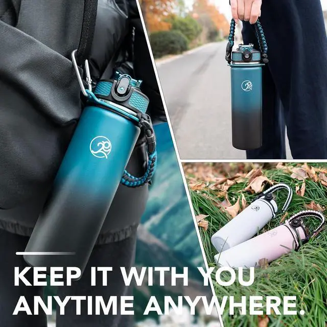 Alt view image 6 of 6 - GOSWAG Insulated Sports Water Bottle, 24oz 2 Lids(with Straw/No Straw), Stainless Steel Water Bottles with Paracord Handle, Insulated Thermos with Double-Wall Vacuum Insulation