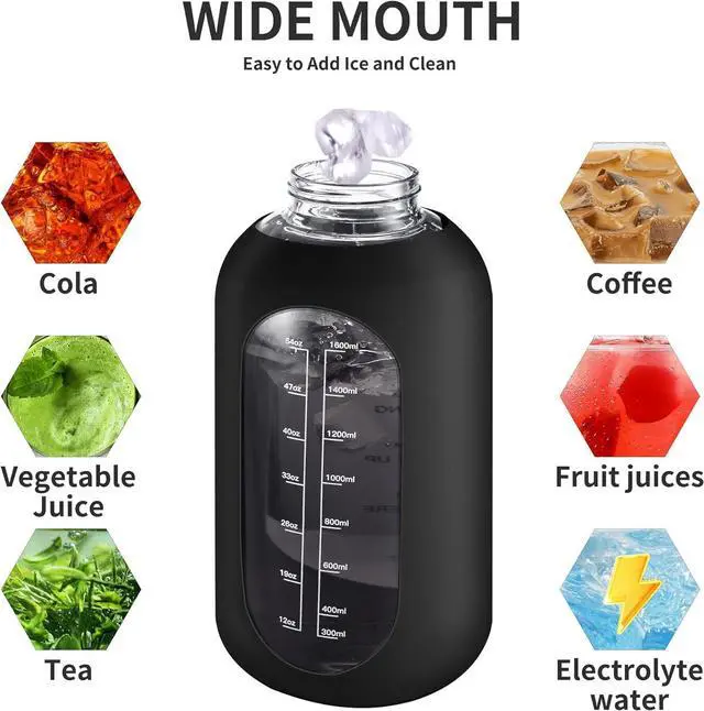 Alt view image 5 of 7 - CIVAGO 32 oz Glass Water Bottle with Straw and Handle, Large Sports Motivational Water Bottle Flask with Time Marker and 2 Lids, Leakproof Water Jug Canteen with Silicone Sleeve for Gym,Black