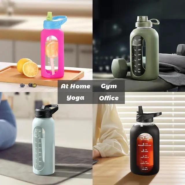 Alt view image 7 of 7 - CIVAGO 32 oz Glass Water Bottle with Straw and Handle, Large Sports Motivational Water Bottle Flask with Time Marker and 2 Lids, Leakproof Water Jug Canteen with Silicone Sleeve for Gym,Black