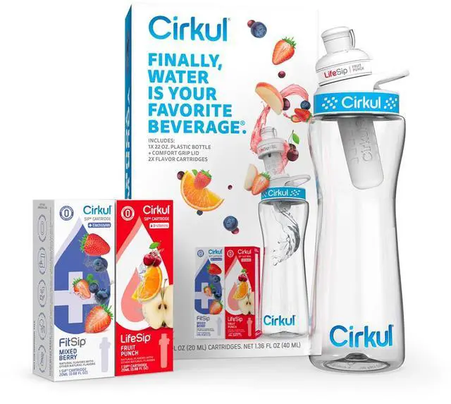 Main image of Cirkul 22oz. BPA-Free Plastic Water Bottle Starter Kit with Blue Lid, 2 Flavor Cartridges (1 LifeSip Fruit Punch, 1 FitSip Mixed Berry) Zero Calories and No Sugar