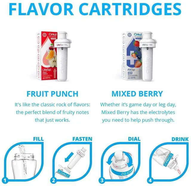 Alt view image 2 of 6 - Cirkul 22oz. BPA-Free Plastic Water Bottle Starter Kit with Blue Lid, 2 Flavor Cartridges (1 LifeSip Fruit Punch, 1 FitSip Mixed Berry) Zero Calories and No Sugar