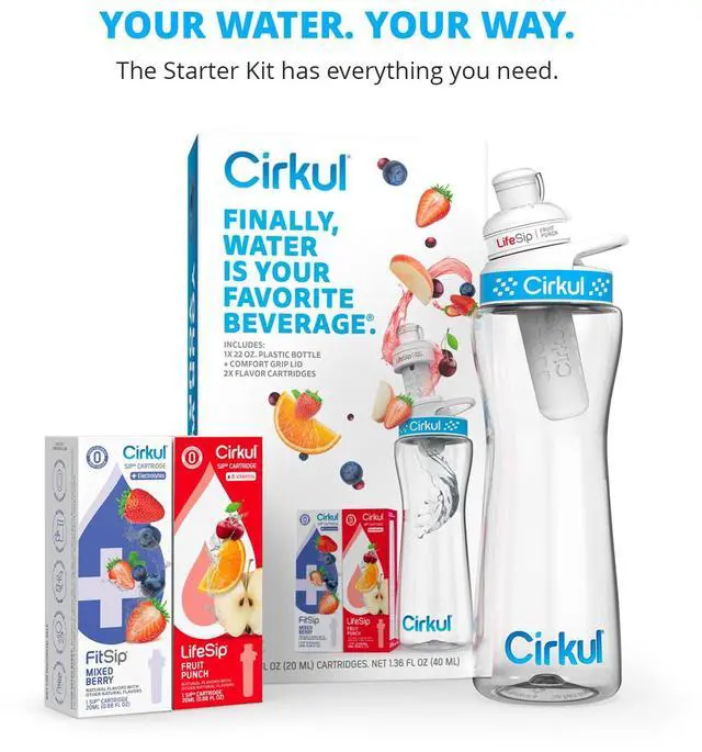 Alt view image 3 of 6 - Cirkul 22oz. BPA-Free Plastic Water Bottle Starter Kit with Blue Lid, 2 Flavor Cartridges (1 LifeSip Fruit Punch, 1 FitSip Mixed Berry) Zero Calories and No Sugar