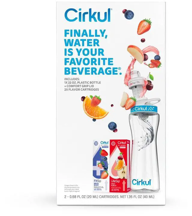 Alt view image 6 of 6 - Cirkul 22oz. BPA-Free Plastic Water Bottle Starter Kit with Blue Lid, 2 Flavor Cartridges (1 LifeSip Fruit Punch, 1 FitSip Mixed Berry) Zero Calories and No Sugar