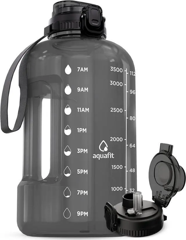 Main image of AQUAFIT 1 Gallon Water Bottle with Time Marker - BPA Free 128 oz Water Bottle with Straw, Gym Water Bottle with Handle, 1 Gallon Water Jug, Big Water Bottle, Large Water Bottle (Gray)