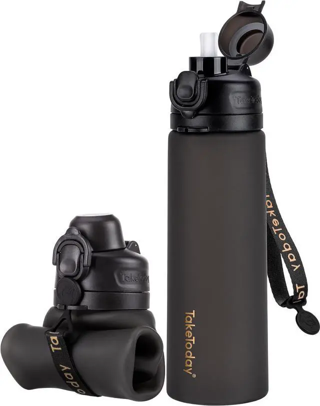 Main image of Collapsible Water Bottles 20oz, Leak Proof, BPA-Free, Foldable Silicone Travel Water Bottle with Straw Strap for Cycling, Hiking, Outdoors