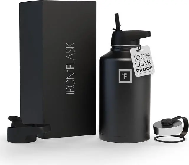 Main image of IRON °FLASK Camping & Hiking Hydration Flask with 3 Lids - Stainless Steel, Double Walled & Vacuum Insulated Water Bottle - Leak Proof & BPA Free (Midnight Black, Straw - 64 oz)