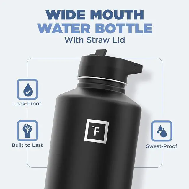 Alt view image 2 of 7 - IRON °FLASK Camping & Hiking Hydration Flask with 3 Lids - Stainless Steel, Double Walled & Vacuum Insulated Water Bottle - Leak Proof & BPA Free (Midnight Black, Straw - 64 oz)