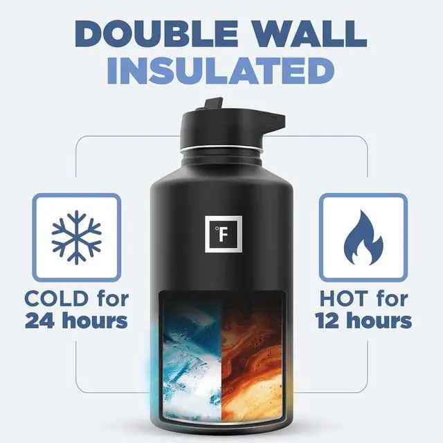 Alt view image 4 of 7 - IRON °FLASK Camping & Hiking Hydration Flask with 3 Lids - Stainless Steel, Double Walled & Vacuum Insulated Water Bottle - Leak Proof & BPA Free (Midnight Black, Straw - 64 oz)