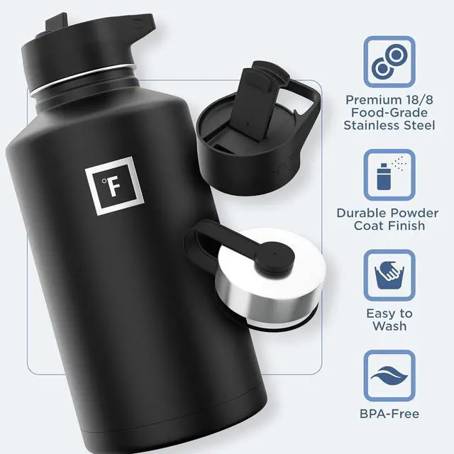 Alt view image 5 of 7 - IRON °FLASK Camping & Hiking Hydration Flask with 3 Lids - Stainless Steel, Double Walled & Vacuum Insulated Water Bottle - Leak Proof & BPA Free (Midnight Black, Straw - 64 oz)