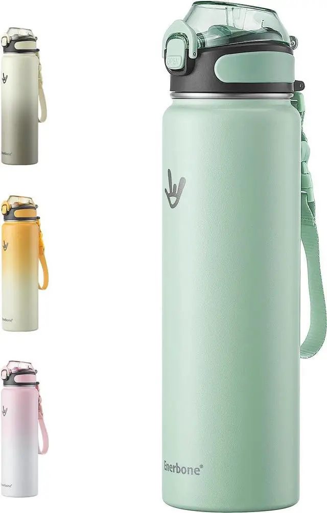 Main image of Enerbone Insulated Water Bottle, 32 oz Stainless Steel Water Bottles with Carrying Strap, Double-Wall Vacuum Insulation Thermos, Leakproof Sports Bottle with Straw, Keep Drinks Hot or Cold for Hours