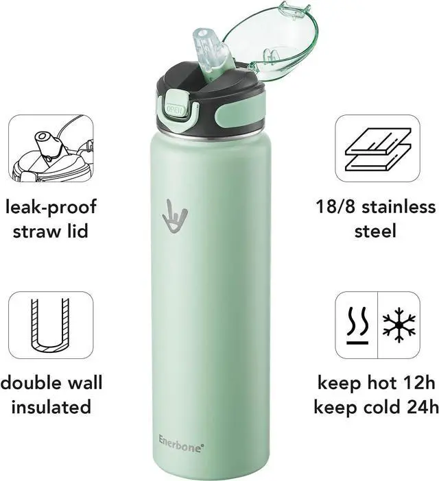 Alt view image 2 of 7 - Enerbone Insulated Water Bottle, 32 oz Stainless Steel Water Bottles with Carrying Strap, Double-Wall Vacuum Insulation Thermos, Leakproof Sports Bottle with Straw, Keep Drinks Hot or Cold for Hours