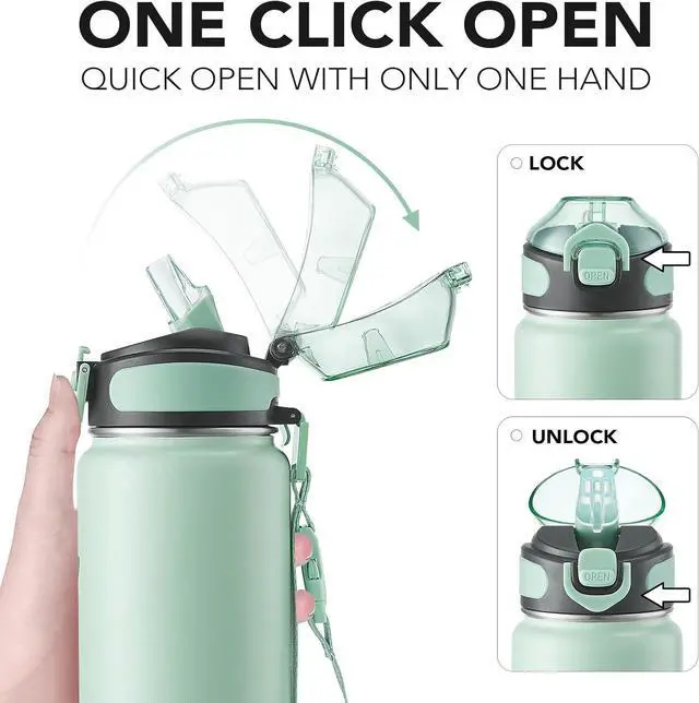 Alt view image 3 of 7 - Enerbone Insulated Water Bottle, 32 oz Stainless Steel Water Bottles with Carrying Strap, Double-Wall Vacuum Insulation Thermos, Leakproof Sports Bottle with Straw, Keep Drinks Hot or Cold for Hours