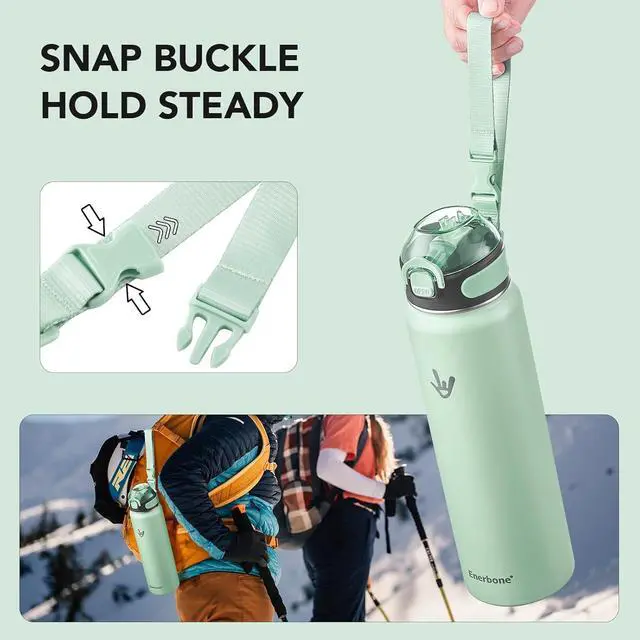 Alt view image 7 of 7 - Enerbone Insulated Water Bottle, 32 oz Stainless Steel Water Bottles with Carrying Strap, Double-Wall Vacuum Insulation Thermos, Leakproof Sports Bottle with Straw, Keep Drinks Hot or Cold for Hours