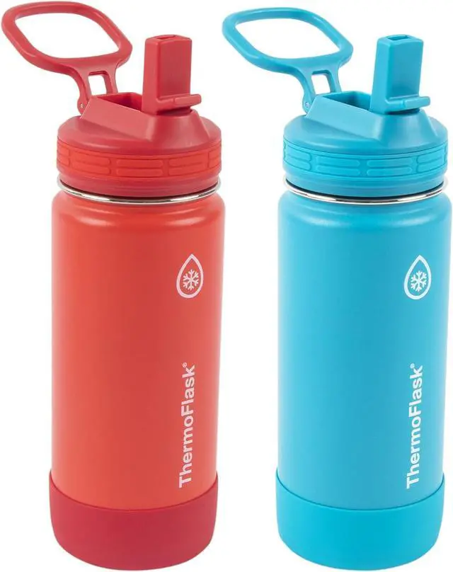 Main image of ThermoFlask Kids Bottle with Straw Lid - Durable & Dishwasher-Safe Water Bottles & Lids - Leak-Proof Bottle Lid Design - Reusable Water Bottles for Everyday Use - 16 oz, Red/Blue (2 Pack)
