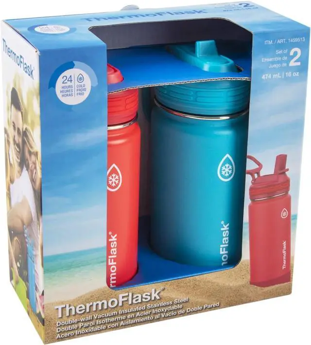 Alt view image 2 of 7 - ThermoFlask Kids Bottle with Straw Lid - Durable & Dishwasher-Safe Water Bottles & Lids - Leak-Proof Bottle Lid Design - Reusable Water Bottles for Everyday Use - 16 oz, Red/Blue (2 Pack)