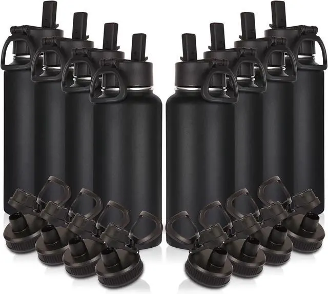 Main image of Volhoply 32oz Insulated Water Bottles Bulk 8 Pack with Straw Lid & Spout Lid,Stainless Steel Sports Water Bottle,Double Wall Vacuum Cups,Leakproof Wide Mouth Metal Flask for Hiking,Camping(Black,8)