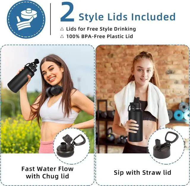 Alt view image 2 of 7 - Volhoply 32oz Insulated Water Bottles Bulk 8 Pack with Straw Lid & Spout Lid,Stainless Steel Sports Water Bottle,Double Wall Vacuum Cups,Leakproof Wide Mouth Metal Flask for Hiking,Camping(Black,8)