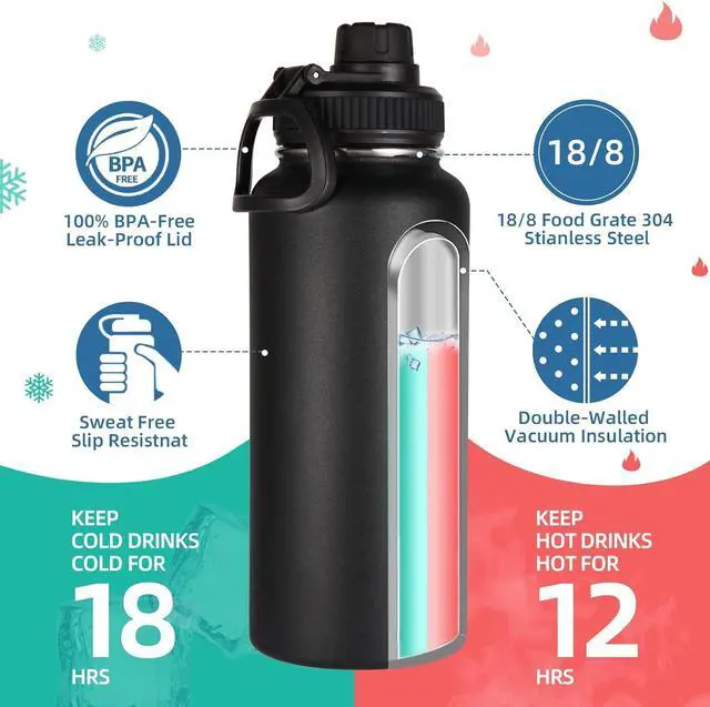 Alt view image 3 of 7 - Volhoply 32oz Insulated Water Bottles Bulk 8 Pack with Straw Lid & Spout Lid,Stainless Steel Sports Water Bottle,Double Wall Vacuum Cups,Leakproof Wide Mouth Metal Flask for Hiking,Camping(Black,8)