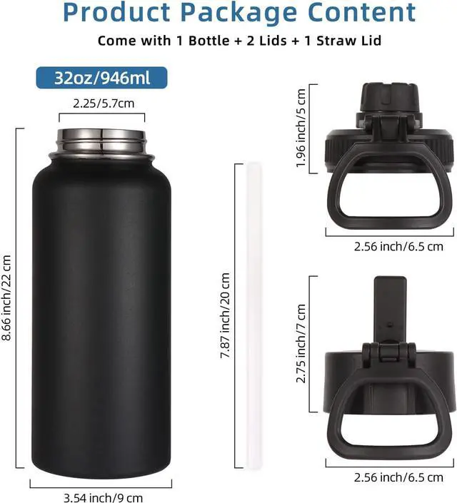 Alt view image 4 of 7 - Volhoply 32oz Insulated Water Bottles Bulk 8 Pack with Straw Lid & Spout Lid,Stainless Steel Sports Water Bottle,Double Wall Vacuum Cups,Leakproof Wide Mouth Metal Flask for Hiking,Camping(Black,8)