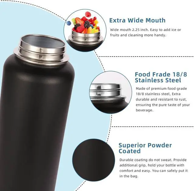 Alt view image 5 of 7 - Volhoply 32oz Insulated Water Bottles Bulk 8 Pack with Straw Lid & Spout Lid,Stainless Steel Sports Water Bottle,Double Wall Vacuum Cups,Leakproof Wide Mouth Metal Flask for Hiking,Camping(Black,8)