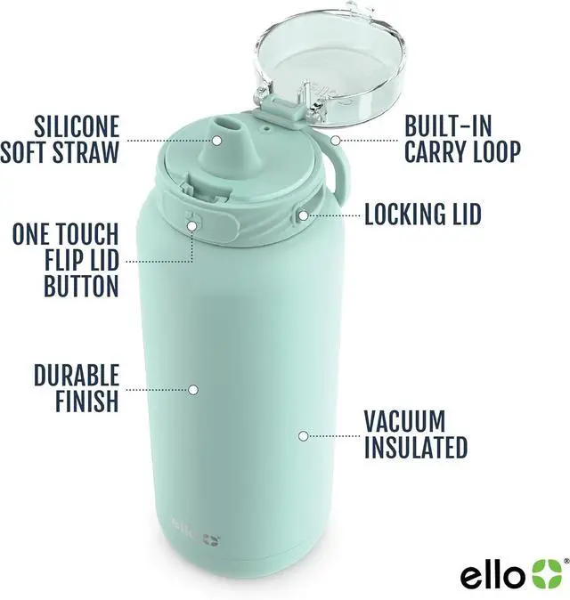 Alt view image 3 of 7 - Ello Cooper 32oz Stainless Steel Water Bottle with Straw and Carry Handle, Double Walled and Vacuum Insulated Metal, Leak Proof Locking Lid with Soft Silicone Spout, Reusable, BPA Free, Yucca