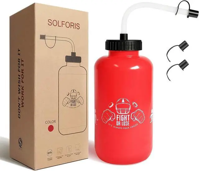 Main image of Hockey Water Bottles with Long Straw, Fit for Football Lacrosse Gym Sport, Plastic Squeezable Leakproof BPA Free, No Strange Smell, Easy to Clean, 1 Liter 32 oz (3 Straw Caps) (red)