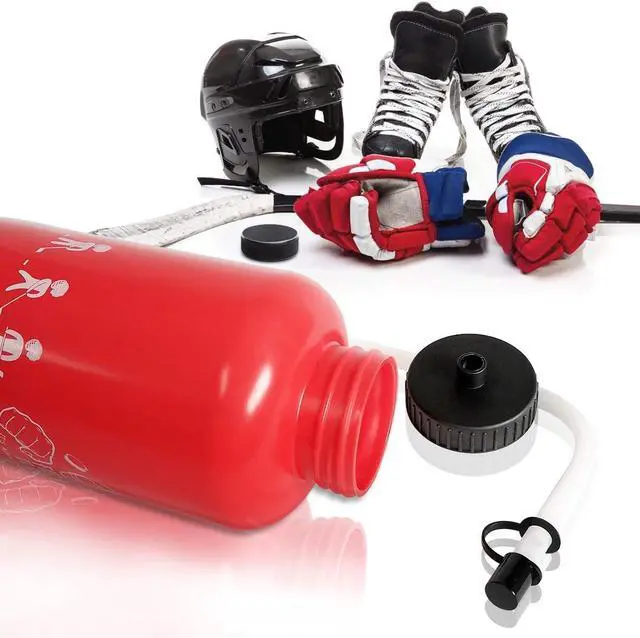 Alt view image 2 of 6 - Hockey Water Bottles with Long Straw, Fit for Football Lacrosse Gym Sport, Plastic Squeezable Leakproof BPA Free, No Strange Smell, Easy to Clean, 1 Liter 32 oz (3 Straw Caps) (red)