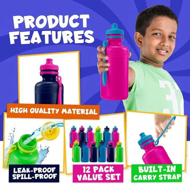 Alt view image 7 of 7 - Bedwina Bulk Water Bottles For Kids - (pack Of 12) 18 Oz - 7.5 Inch BPA-Free Plastic with Pop-up Tops & Handles for Sports, Summer, Reusable Water Bottles Bulk For School