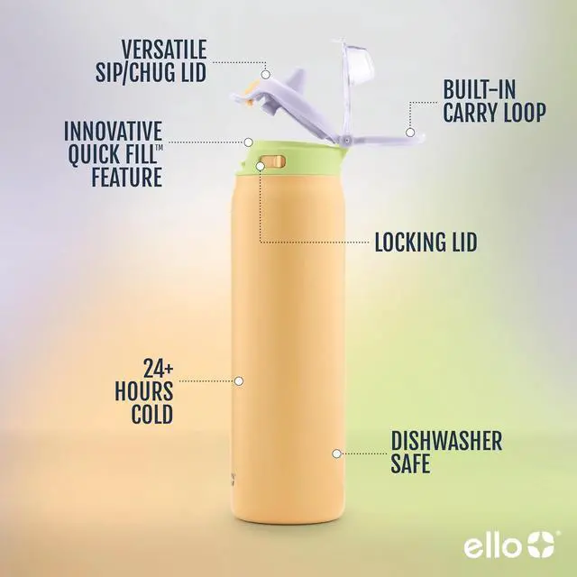 Alt view image 3 of 7 - Ello Pop & Fill Stainless Steel Water Bottle with Quick Fill Technology, Double Walled Vacuum Insulated Metal, Leak Proof Locking Lid, Sip & Chug, BPA Free, Holiday Gift for Him Her, 22oz, 32oz, 40oz