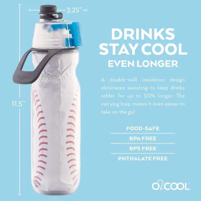 Alt view image 4 of 7 - O2COOL Mist 'N Sip Misting Water Bottle 2-in-1 Function With No Leak Pull Top Spout Sports Reusable Water Bottle - 20 oz (2 Pack Baseball)