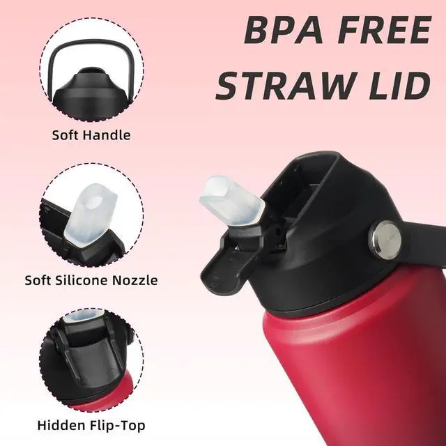 Alt view image 2 of 7 - BJPKPK Water Bottle with Straw Lid, 24oz Vacuum Insulated Water Bottles, Metal Stainless Steel Thermos for Sports, Travel, BPA Free Leak Proof Thermos, Cups, Flasks, Tumblers,Charming Black Red