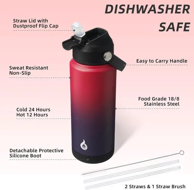 Alt view image 3 of 7 - BJPKPK Water Bottle with Straw Lid, 24oz Vacuum Insulated Water Bottles, Metal Stainless Steel Thermos for Sports, Travel, BPA Free Leak Proof Thermos, Cups, Flasks, Tumblers,Charming Black Red