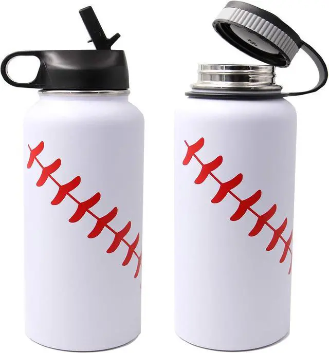 Alt view image 6 of 7 - 32 oz Baseball Water Bottle, Wide Mouth Sports Flask Metal Travel Tumbler with 2 Lids 18/8 Stainless Steel Double Wall Vacuum Insulated (32oz, White baseball)