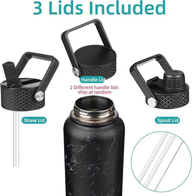 Alt view image 3 of 7 - 22oz Stainless Steel Bottles with 3 Lids Sport Insulated Water Bottle Marble Midnight