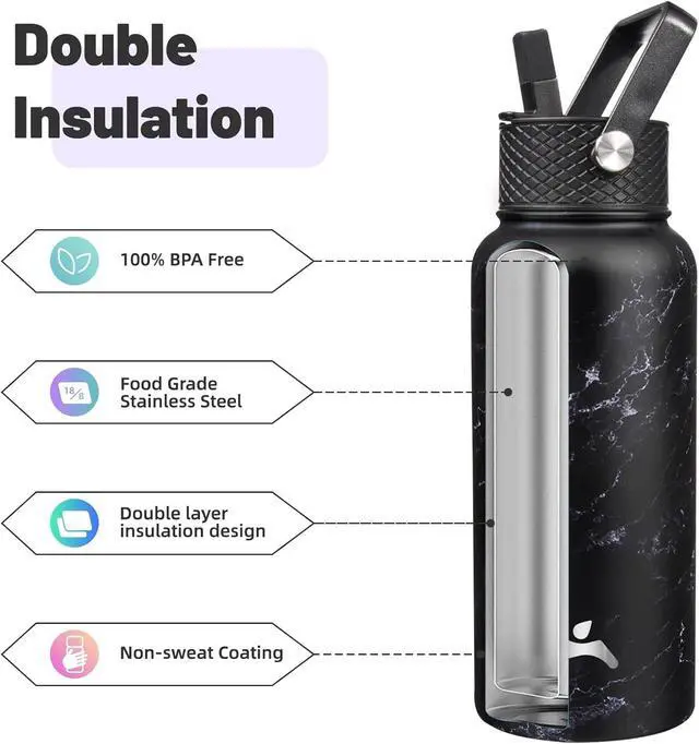 Alt view image 4 of 7 - 32 oz Insulated Water Bottle Stainless Steel Sport Bottles with 3 Lids,Marble Midnight