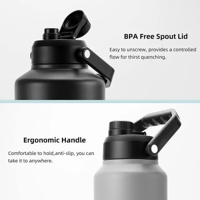 Alt view image 4 of 6 - BJPKPK 64 oz Insulated Water Bottle, Dishwasher Safe Half Gallon Water Bottle with Ergonomic Handle, BPA Free Leak Proof Water Jug for Sports, Metal Thermos with Anti-slip Bottom, Black
