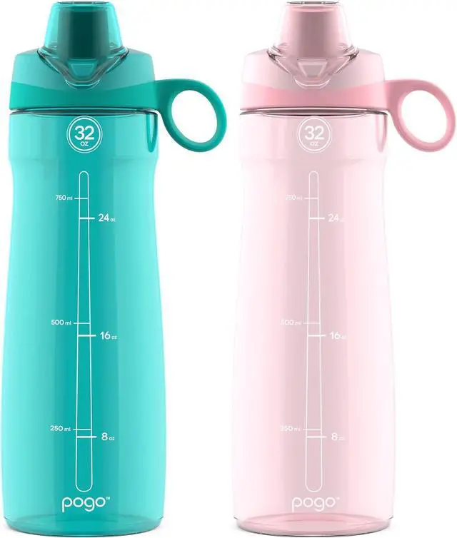 Main image of Pogo 2-Pack Plastic Water Bottle with Carry Handle, Reusable, BPA Free, Dishwasher Safe, Perfect for Travel, School, Outdoors, and Gym | 18oz, 32oz